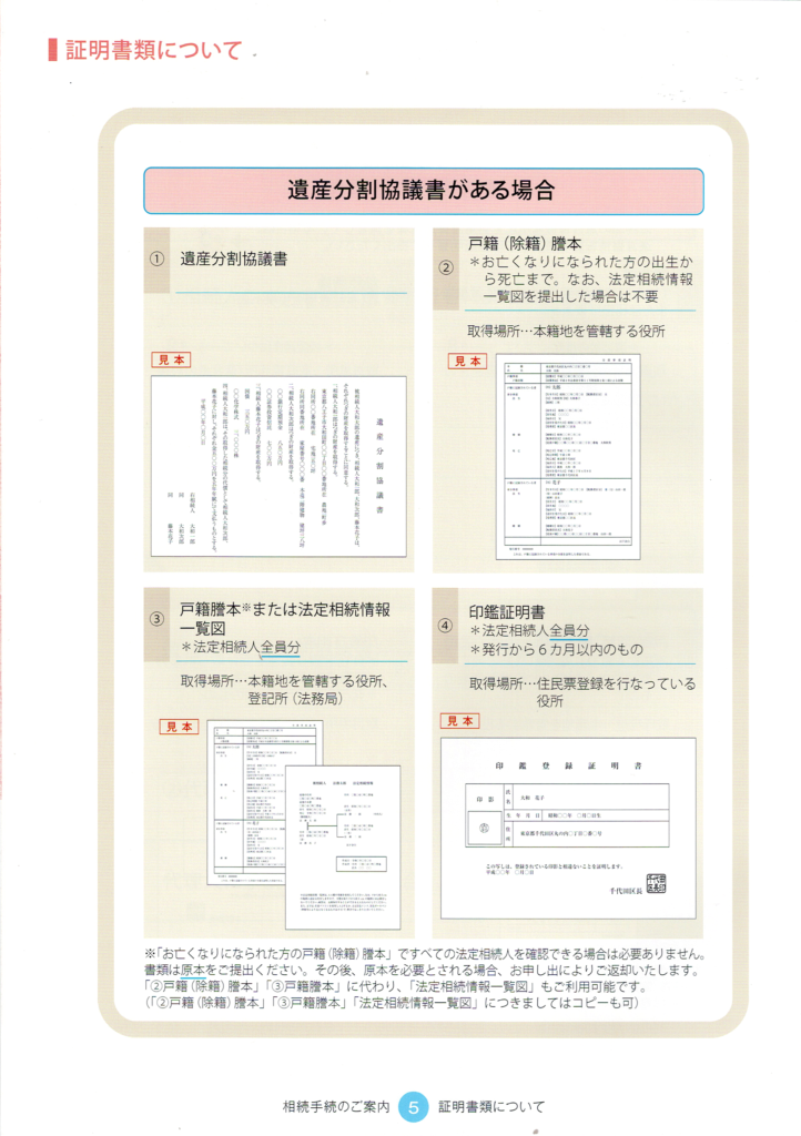 大和証券・相続手続きの流れ・証明書類について・遺産分割協議書がある場合・行政書士たかよしFP事務所