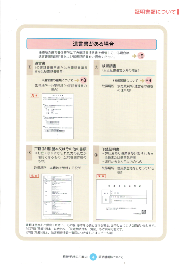 大和証券・相続手続きの流れ・証明書類について・遺言書がある場合・行政書士たかよしFP事務所