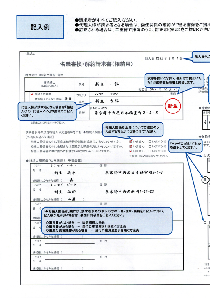 BI新生銀行・相続手続きの流れ・名義書換・解約請求書・記入見本1・行政書士たかよしFP事務所